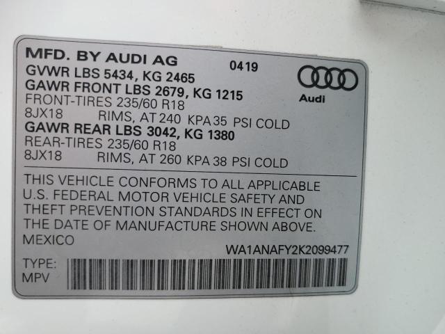 Photo 10 from auction – 2019 AUDI Q5 PREMIUM with VIN WA1ANAFY2K2099477