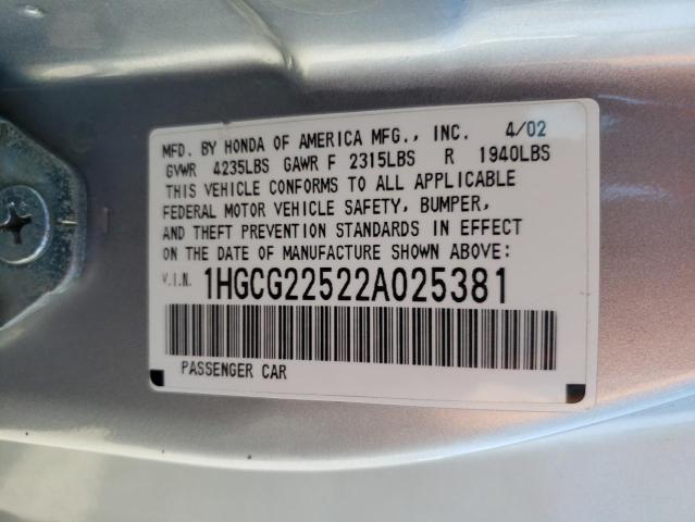 Photo 10 from auction – 2002 HONDA ACCORD EX with VIN 1HGCG22522A025381