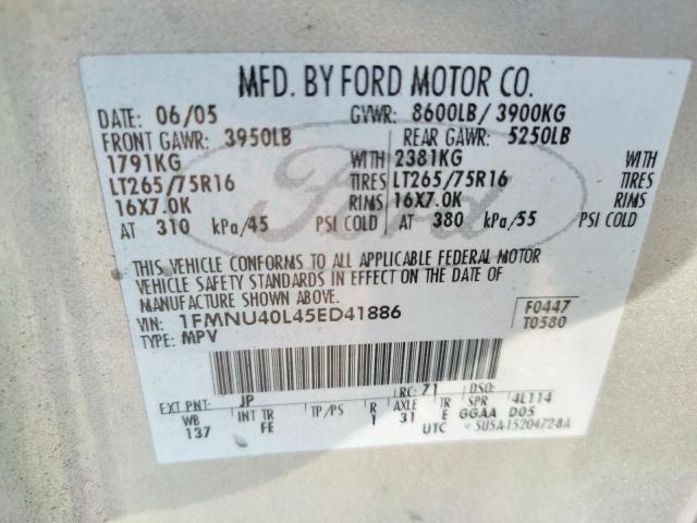 Photo 10 from auction – 2005 FORD EXCURSION with VIN 1FMNU40L45ED41886