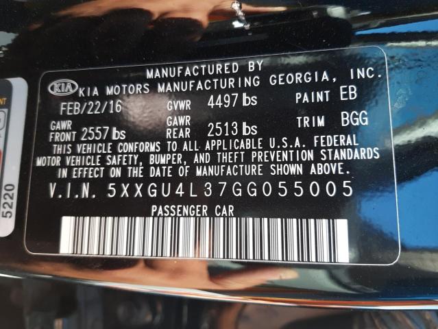 Photo 10 from auction – 2016 KIA OPTIMA EX with VIN 5XXGU4L37GG055005
