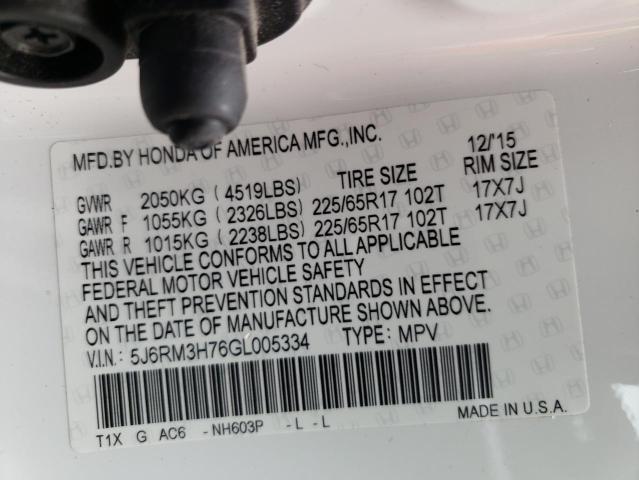 Photo 10 from auction – 2016 HONDA CR-V EXL with VIN 5J6RM3H76GL005334