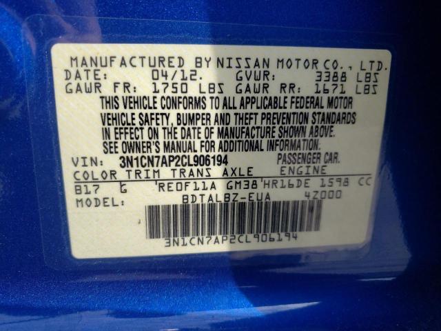 Photo 10 from auction – 2012 NISSAN VERSA S with VIN 3N1CN7AP2CL906194
