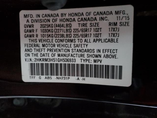 Photo 10 from auction – 2016 HONDA CR-V EX with VIN 2HKRM3H51GH506933