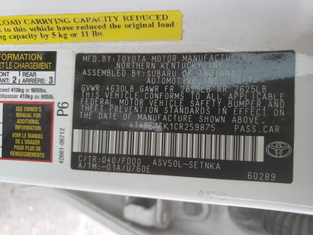 Photo 10 from auction – 2012 TOYOTA CAMRY BASE with VIN 4T4BF1FK1CR259875
