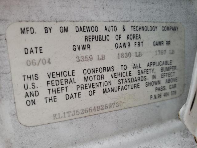 Photo 10 from auction – 2004 CHEVROLET AVEO LS with VIN KL1TJ52664B269730