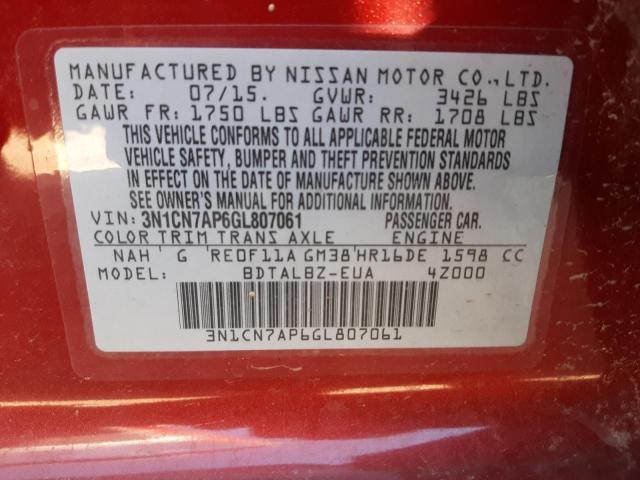 Photo 10 from auction – 2016 NISSAN VERSA S with VIN 3N1CN7AP6GL807061