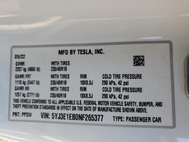 Photo 10 from auction – 2022 TESLA MODEL 3 with VIN 5YJ3E1EB0NF265377