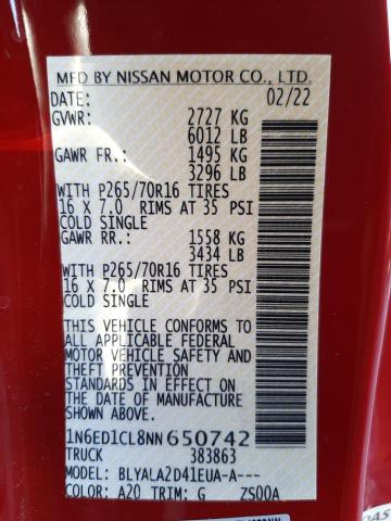 Photo 10 from auction – 2022 NISSAN FRONTIER S with VIN 1N6ED1CL8NN650742