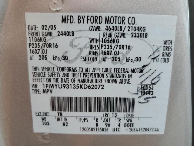Photo 10 from auction – 2005 FORD ESCAPE XLT with VIN 1FMYU93135KD62072