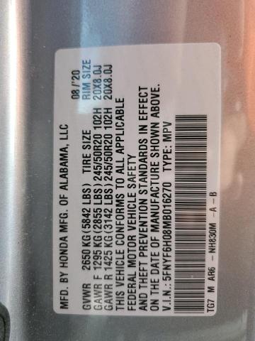 Photo 10 from auction – 2021 HONDA PILOT ELIT with VIN 5FNYF6H08MB016270