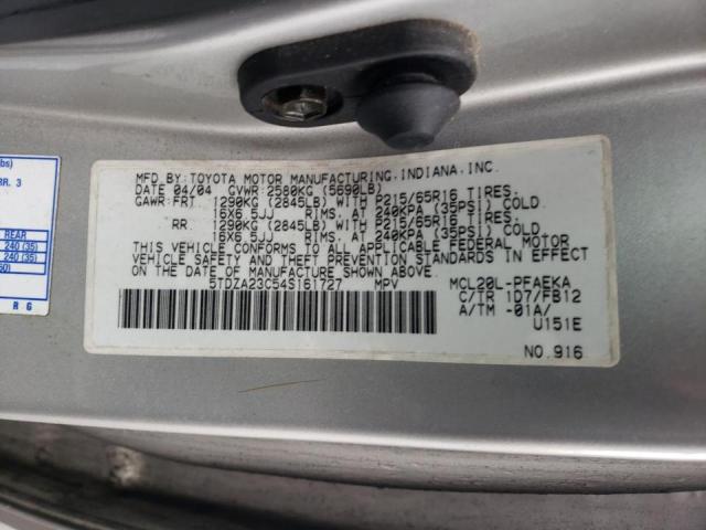 Photo 10 from auction – 2004 TOYOTA SIENNA CE with VIN 5TDZA23C54S161727