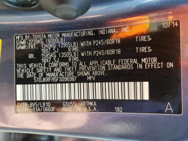 Photo 10 from auction – 2015 TOYOTA HIGHLANDER with VIN 5TDJKRFH5FS096987