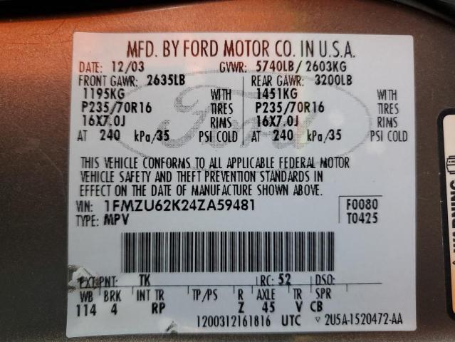 Photo 10 from auction – 2004 FORD EXPLORER X with VIN 1FMZU62K24ZA59481