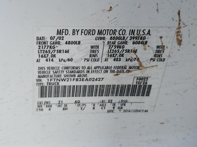 صورة رقم 10 من المزاد - 2003 FORD F250 SUPER مع VIN 1FTNW21F83EA02427