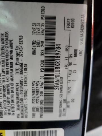 Photo 10 from auction – 2019 FORD FUSION SE with VIN 3FA6P0LU8KR189784