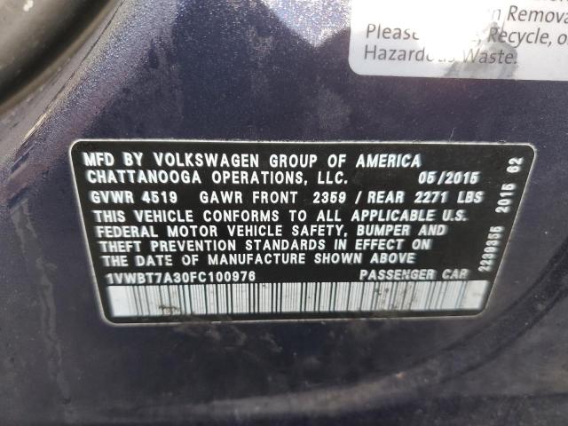 Photo 10 from auction – 2015 VOLKSWAGEN PASSAT SE with VIN 1VWBT7A30FC100976