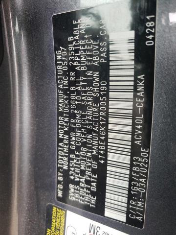 Photo 10 from auction – 2007 TOYOTA CAMRY CE with VIN 4T4BE46K17R005190