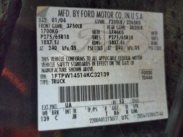 Photo 10 from auction – 2004 FORD F150 SUPER with VIN 1FTPW14514KC32139
