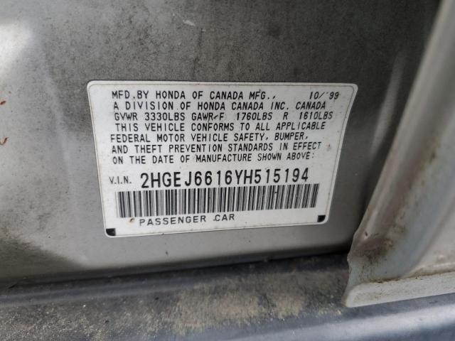Photo 10 from auction – 2000 HONDA CIVIC BASE with VIN 2HGEJ6616YH515194