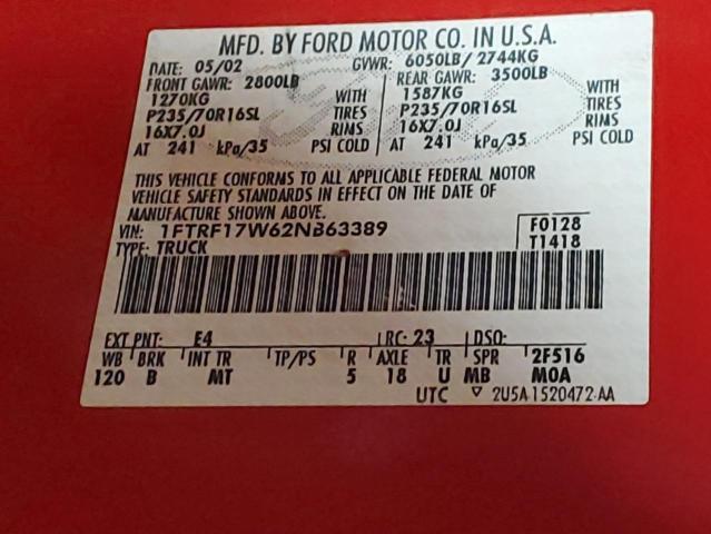 Photo 10 from auction – 2002 FORD F150 with VIN 1FTRF17W62NB63389