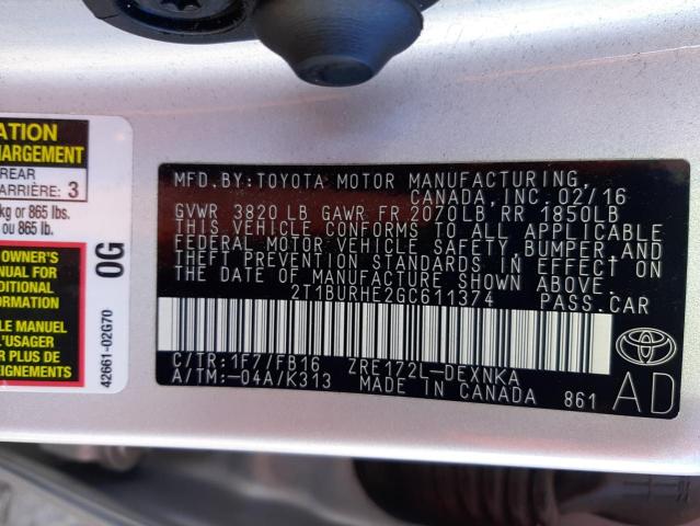 Photo 10 from auction – 2016 TOYOTA COROLLA L with VIN 2T1BURHE2GC611374