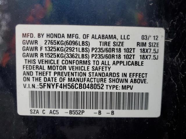 Photo 10 from auction – 2012 HONDA PILOT EXL with VIN 5FNYF4H56CB048052