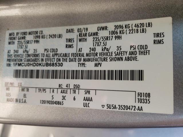 Photo 10 from auction – 2019 FORD ESCAPE SEL with VIN 1FMCU0HD0KUB68530