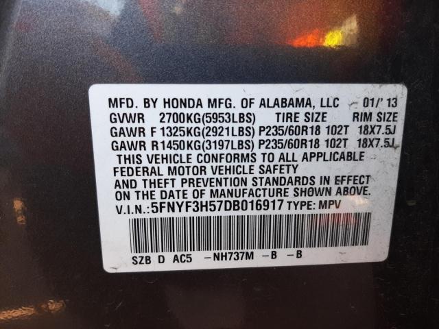 Photo 10 from auction – 2013 HONDA PILOT EXL with VIN 5FNYF3H57DB016917
