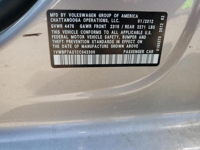 Photo 10 from auction – 2012 VOLKSWAGEN PASSAT SE with VIN 1VWBP7A31CC042330