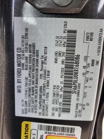 Photo 10 from auction – 2019 FORD FUSION SE with VIN 3FA6P0LU0KR168086
