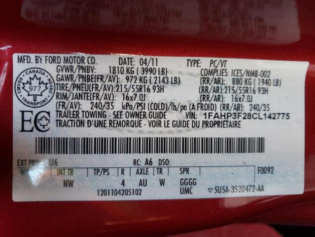 Photo 10 from auction – 2012 FORD FOCUS SE with VIN 1FAHP3F28CL142775