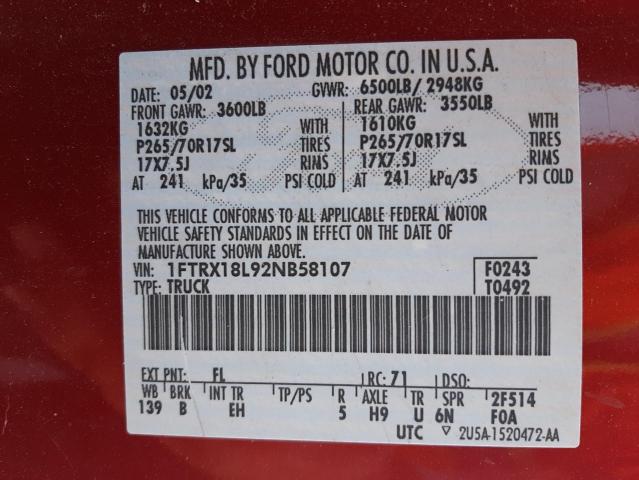 Photo 10 from auction – 2002 FORD F150 with VIN 1FTRX18L92NB58107
