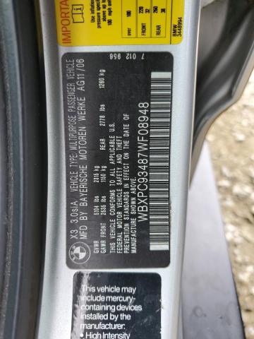 Photo 10 from auction – 2007 BMW X3 3.0SI with VIN WBXPC93487WF08948