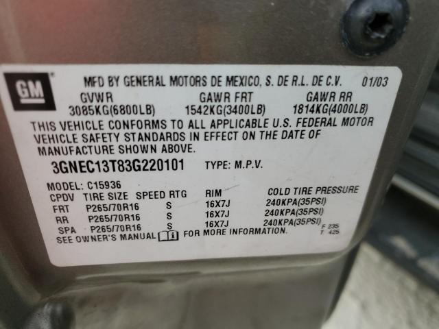 Photo 10 from auction – 2003 CHEVROLET AVALANCHE with VIN 3GNEC13T83G220101