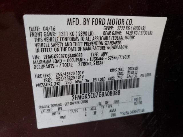 Photo 10 from auction – 2016 FORD FLEX SEL with VIN 2FMGK5C87GBA08088