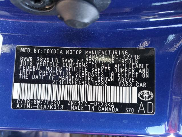 Photo 10 from auction – 2017 TOYOTA COROLLA L with VIN 2T1BURHE4HC816292