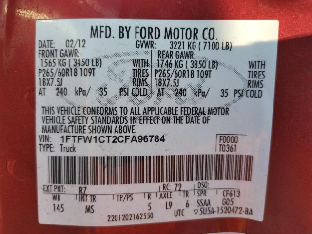 Photo 10 from auction – 2012 FORD F150 SUPER with VIN 1FTFW1CT2CFA96784