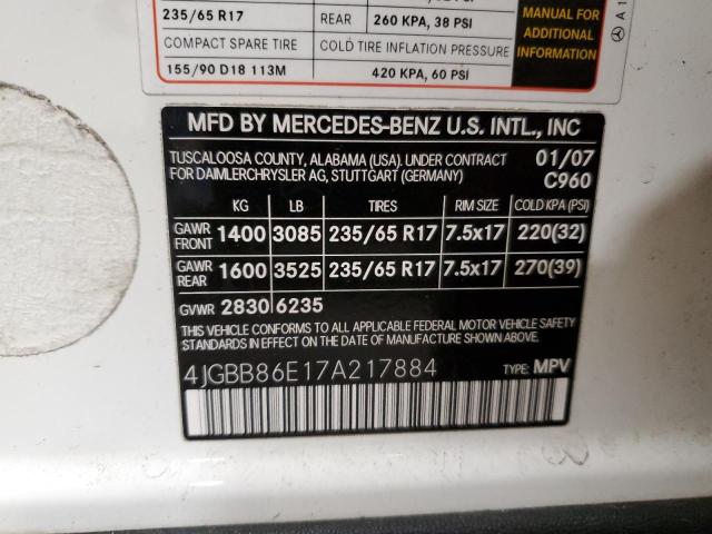Photo 10 from auction – 2007 MERCEDES-BENZ ML 350 with VIN 4JGBB86E17A217884