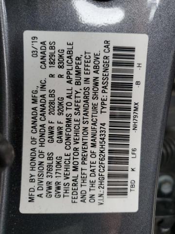 Photo 10 from auction – 2019 HONDA CIVIC LX with VIN 2HGFC2F62KH543374