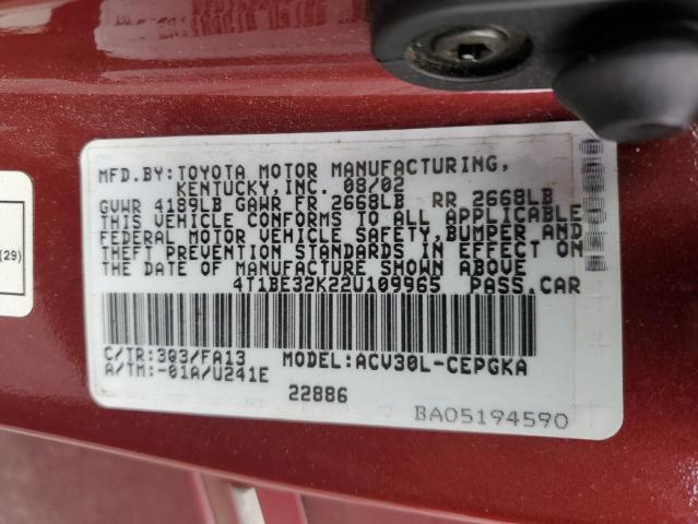 Photo 10 from auction – 2002 TOYOTA CAMRY LE with VIN 4T1BE32K22U109965
