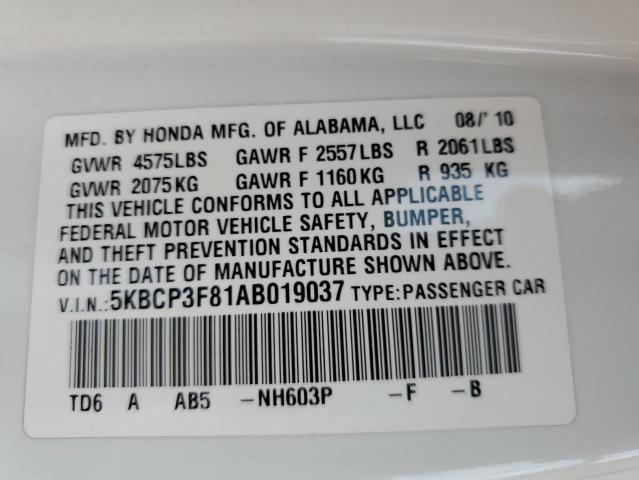 Photo 10 from auction – 2010 HONDA ACCORD EXL with VIN 5KBCP3F81AB019037