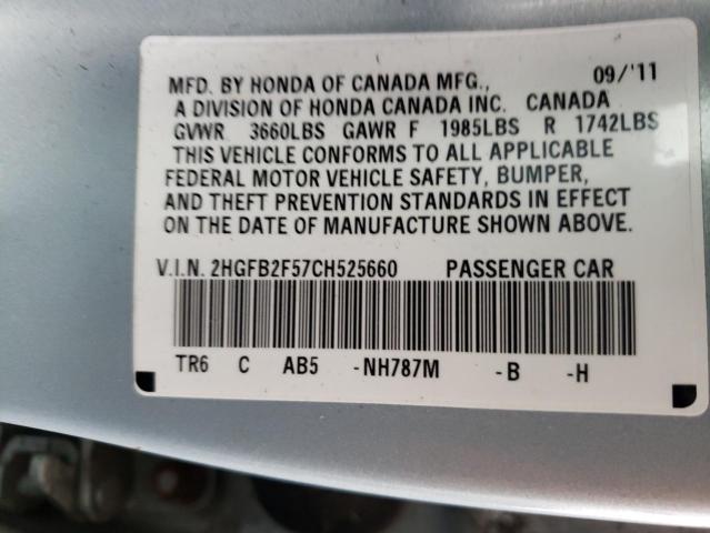 Photo 10 from auction – 2012 HONDA CIVIC LX with VIN 2HGFB2F57CH525660