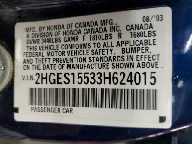 Photo 10 from auction – 2003 HONDA CIVIC LX with VIN 2HGES15533H624015