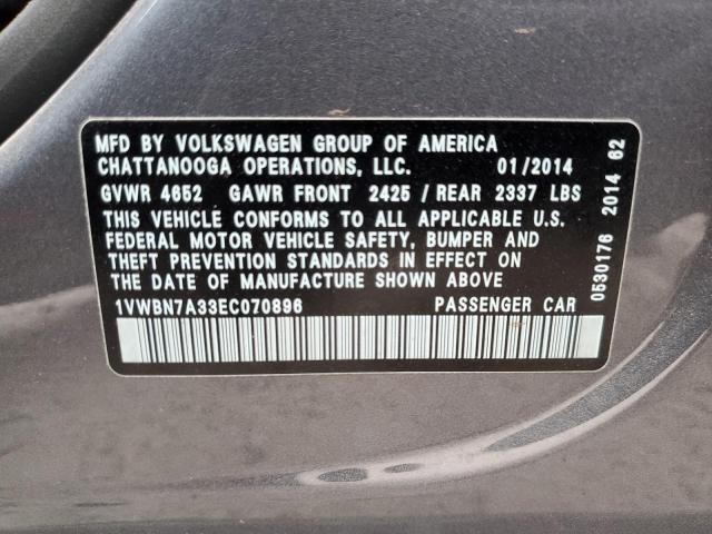 Photo 10 from auction – 2014 VOLKSWAGEN PASSAT SE with VIN 1VWBN7A33EC070896