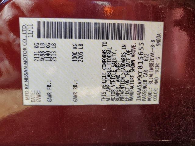 Photo 10 from auction – 2012 NISSAN MAXIMA S with VIN 1N4AA5AP9CC815655