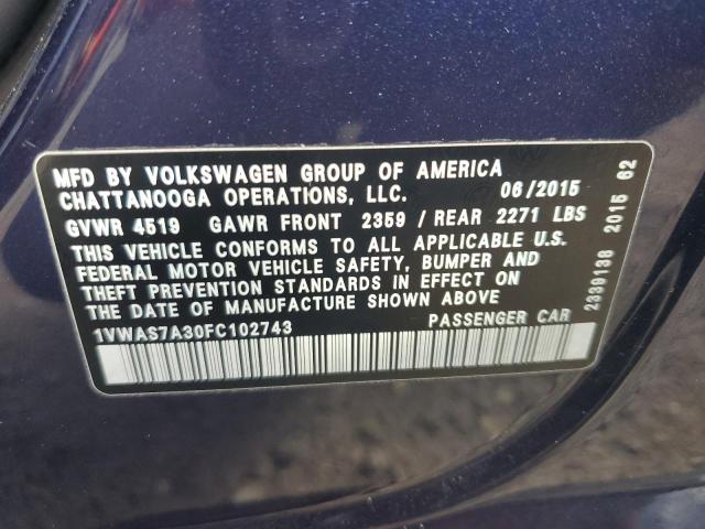 Photo 10 from auction – 2015 VOLKSWAGEN PASSAT S with VIN 1VWAS7A30FC102743
