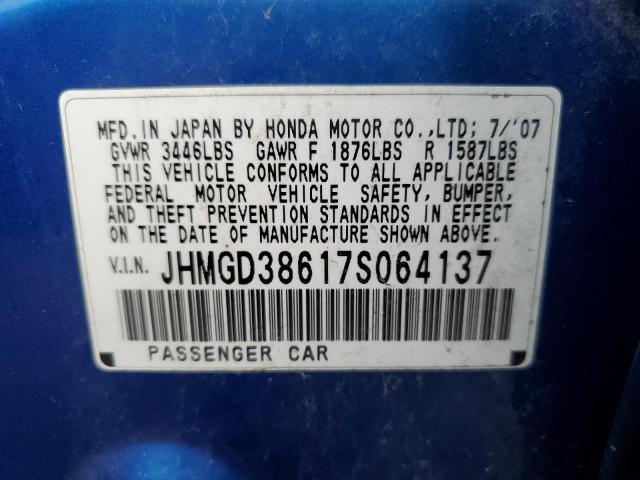 Photo 10 from auction – 2007 HONDA FIT with VIN JHMGD38617S064137