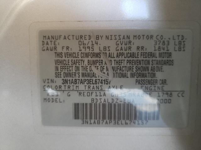 Photo 10 from auction – 2014 NISSAN SENTRA S with VIN 3N1AB7AP3EL674157