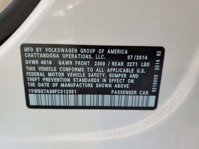 Photo 10 from auction – 2015 VOLKSWAGEN PASSAT SE with VIN 1VWBS7A39FC012351