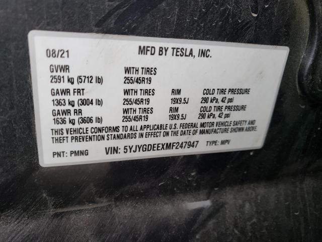 Photo 10 from auction – 2021 TESLA MODEL Y with VIN 5YJYGDEEXMF247947